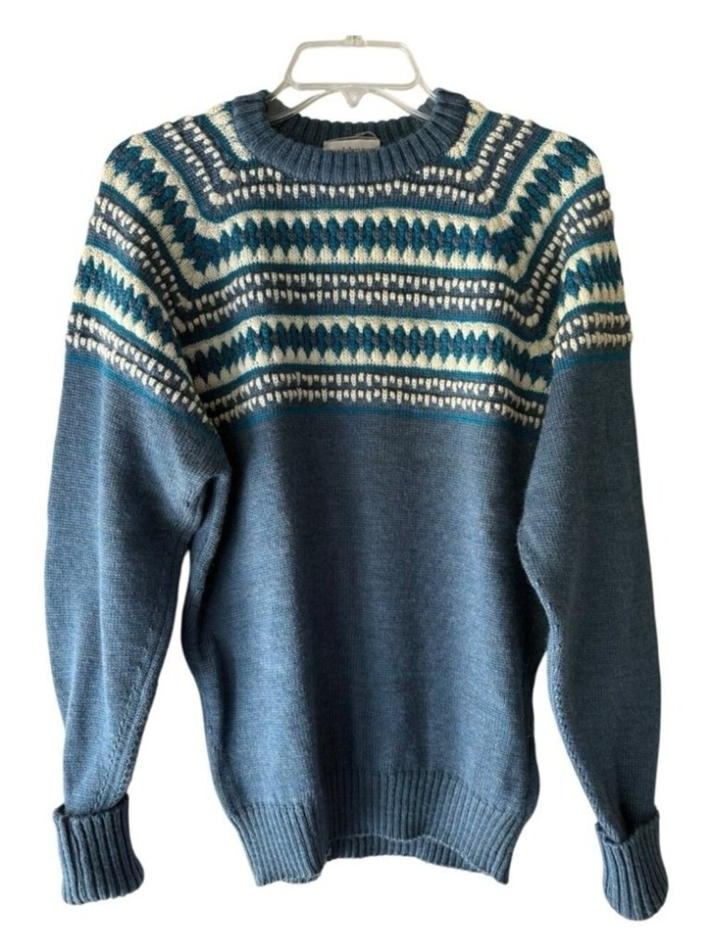 Parkhurst Vintage Wool Fair Isle Sweater Size Medium Blue Made in Canada 70s 80s
